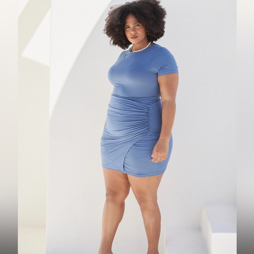 Chic Blue Ruched Mini Dress - Picture 2 of 2